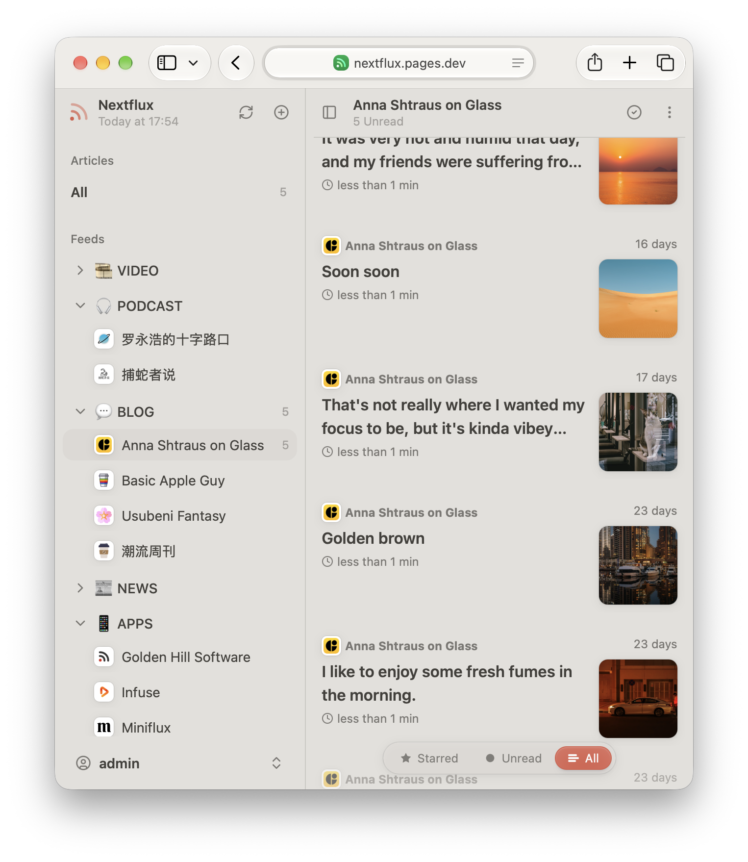 较窄宽度的 Nextflux：订阅与文章列表并排展示