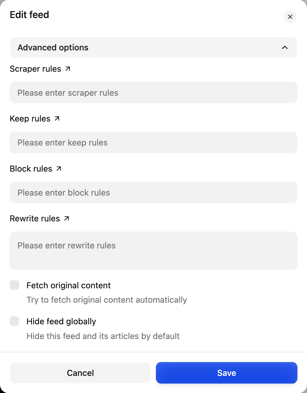 Nextflux 的 Miniflux 高级订阅设置：抓取、保留、屏蔽、重写规则与全局隐藏